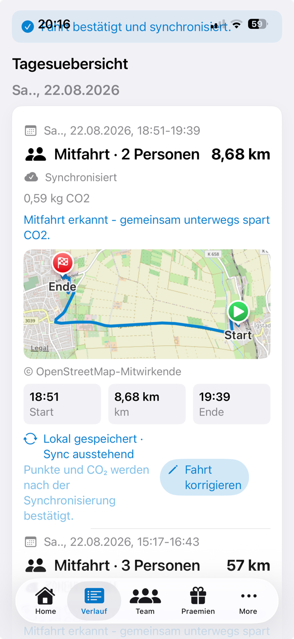 Movidt Kartenansicht einer erkannten Fahrt